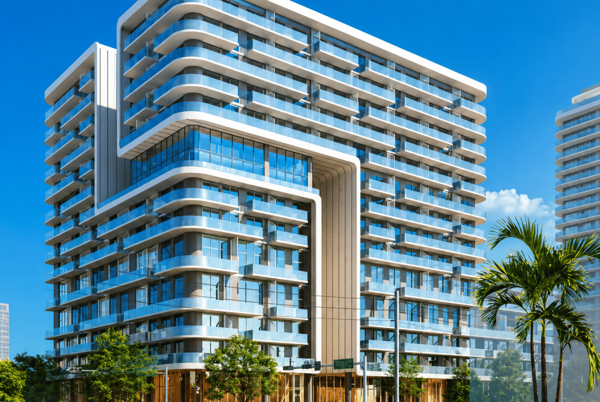 Modern high-rise with stacked curved balconies and a central arched entrance against a blue sky.