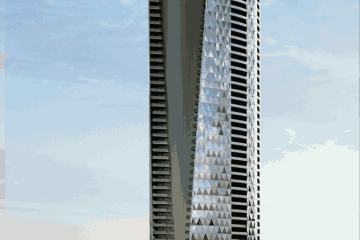 Tall modern skyscraper with a diamond-patterned glass facade beside the sea, under a blue sky.