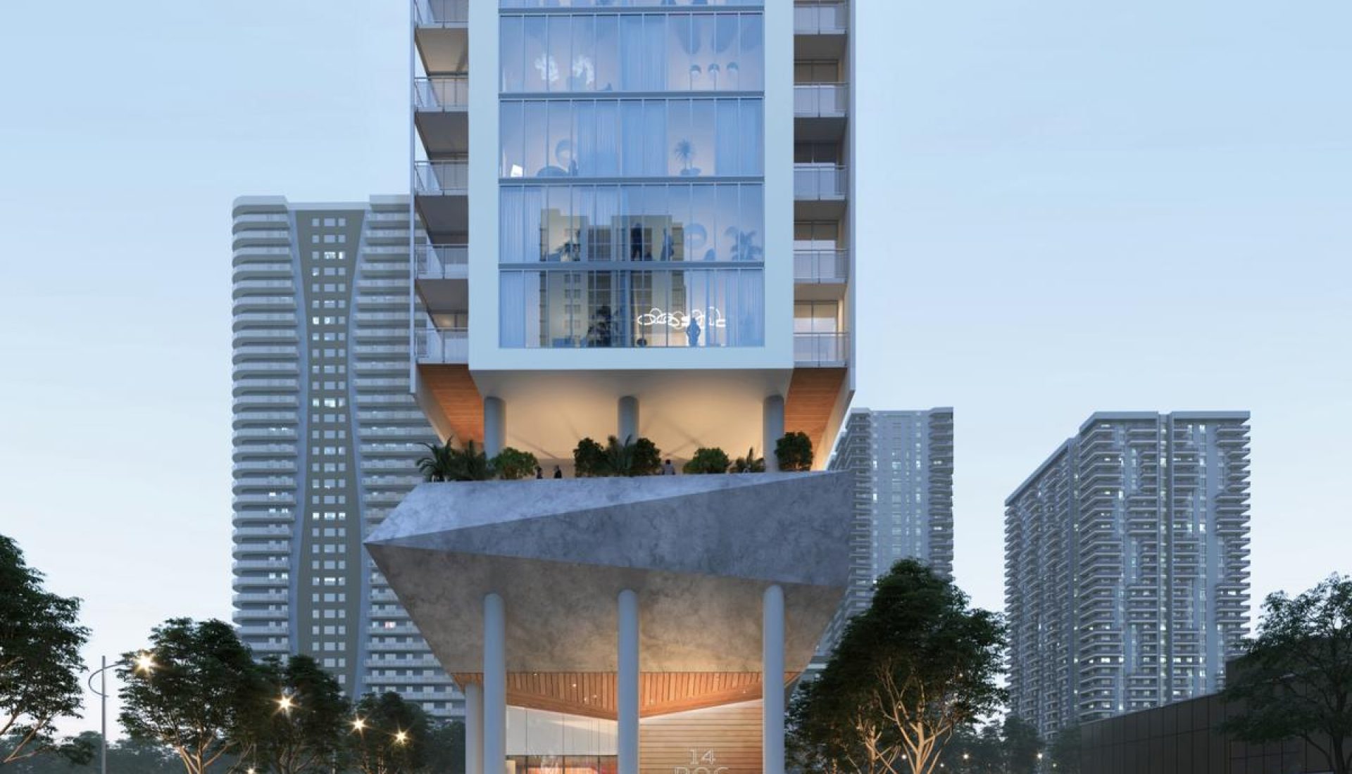 Concept rendering of a futuristic high-rise building atop a geometric podium with trees in an urban plaza immense height and glass façade.
