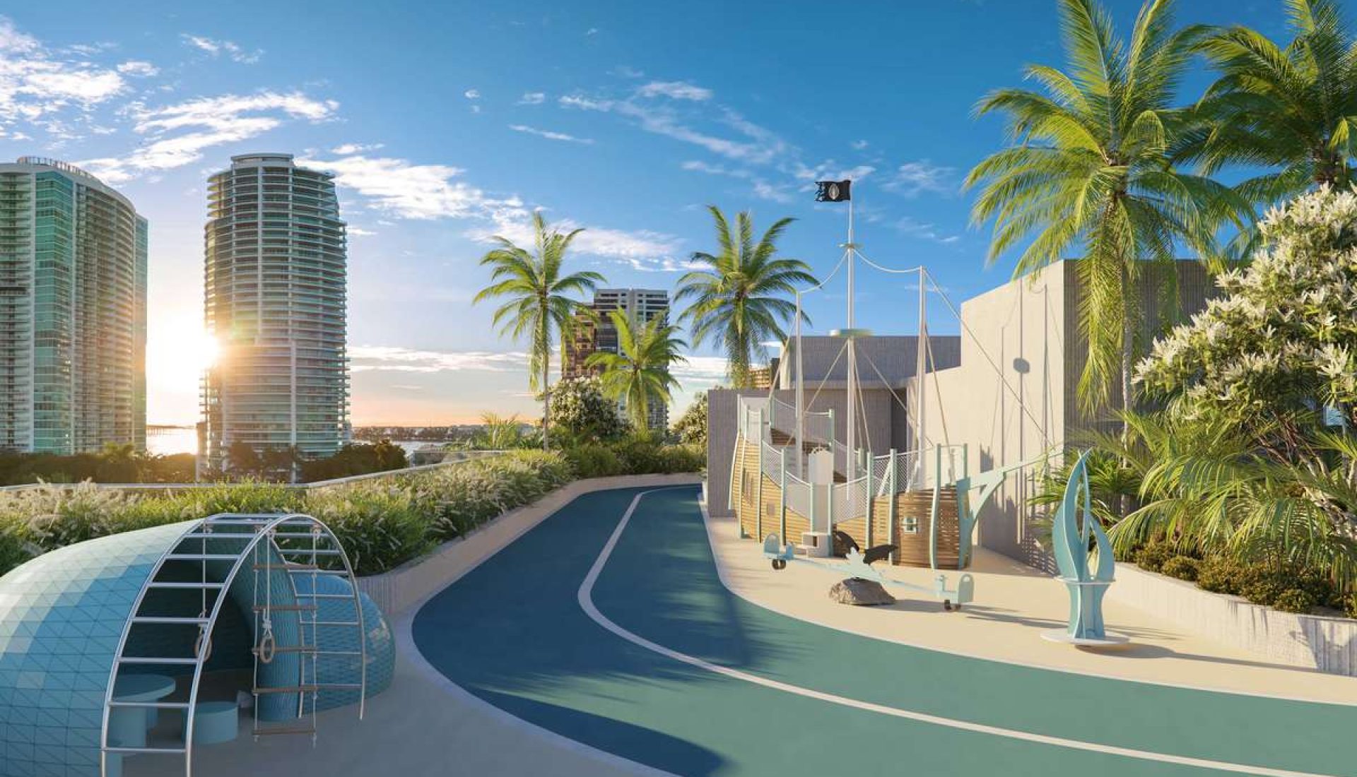 Sunlit futuristic coastal park with palm trees, a curved blue running track, and modern buildings in the background (concept rendering).