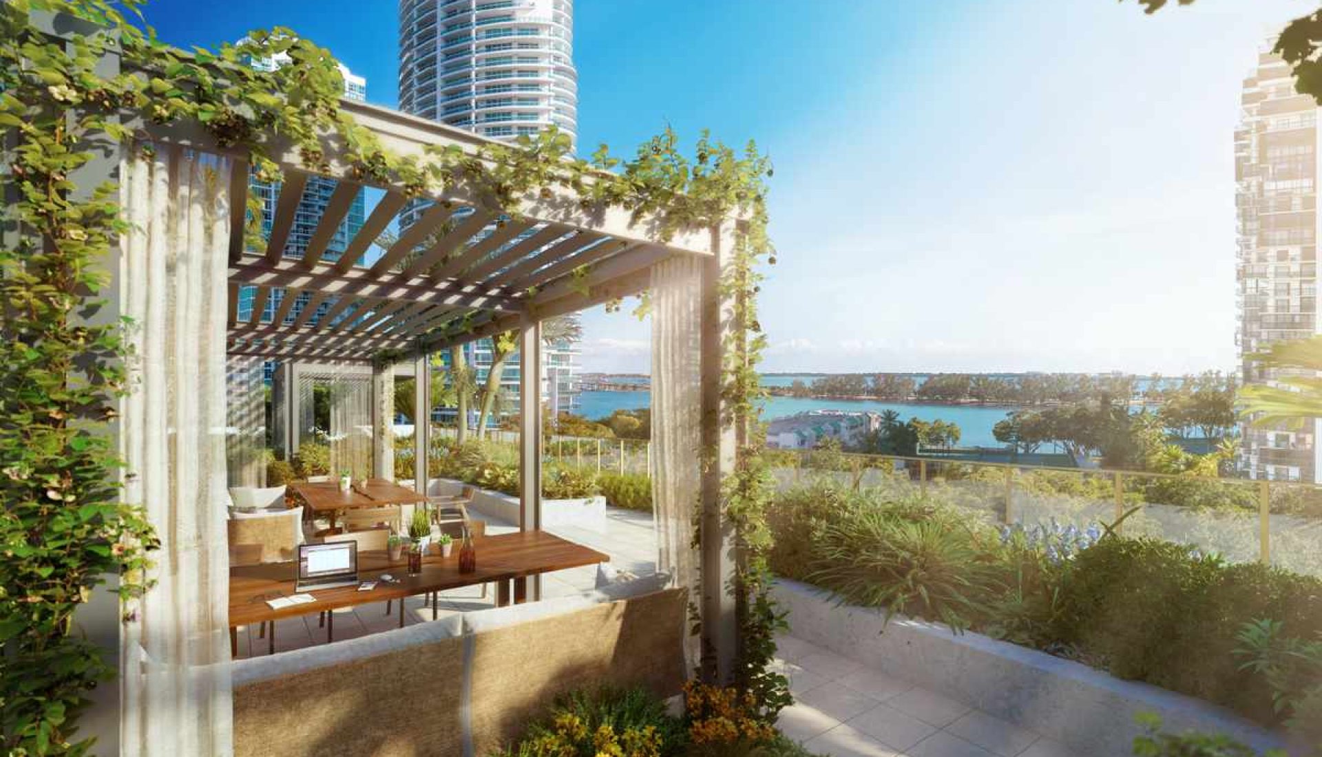 Rooftop terrace with a vine-covered pergola and wooden dining table overlooking water and city buildings.