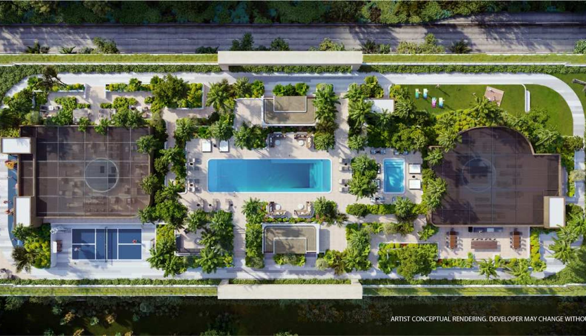 Aerial view of a luxurious resort with a central rectangular pool, surrounding greenery, tennis courts, lounges, and two dark-roofed buildings at each side.