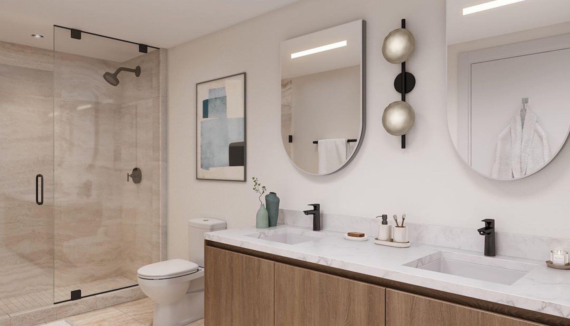 Double-sink bathroom with a wooden vanity, marble countertop, and two oval mirrors above the sinks.