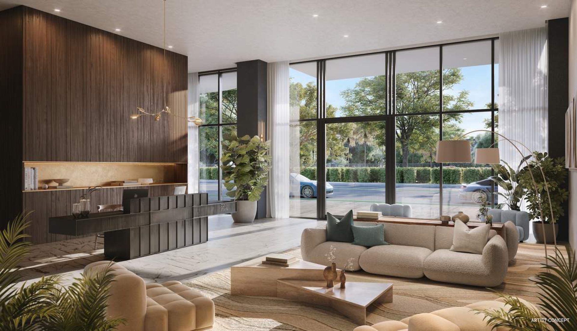 Spacious modern living room with floor-to-ceiling windows, beige sofa, and indoor plants.