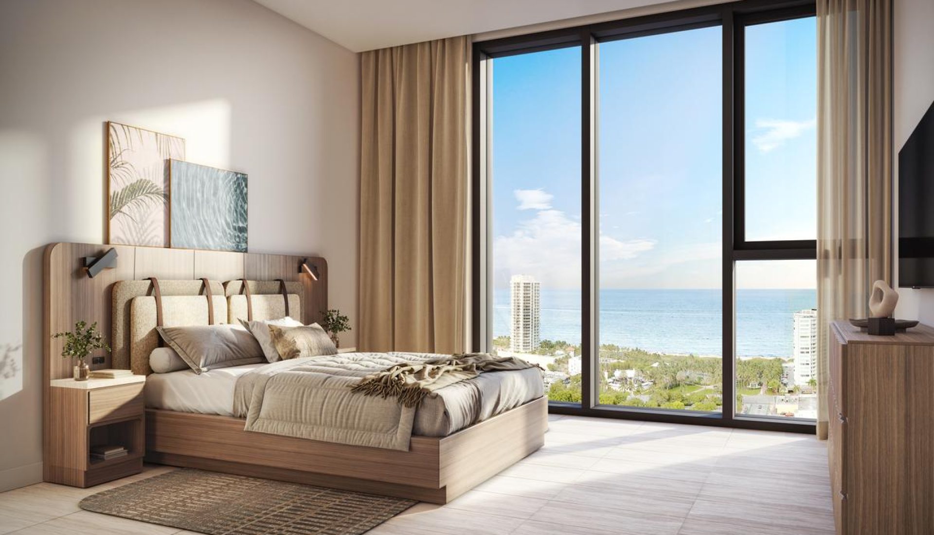 Bedroom with a king-size wooden bed, nightstands, and a panoramic ocean view through floor-to-ceiling windows.