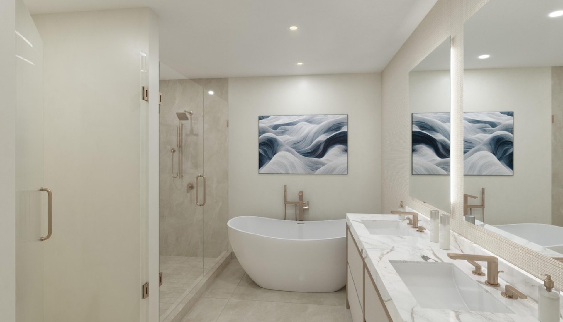 Contemporary bathroom with a freestanding white tub, glass-enclosed shower, marble countertop double sinks, and blue wave artwork.