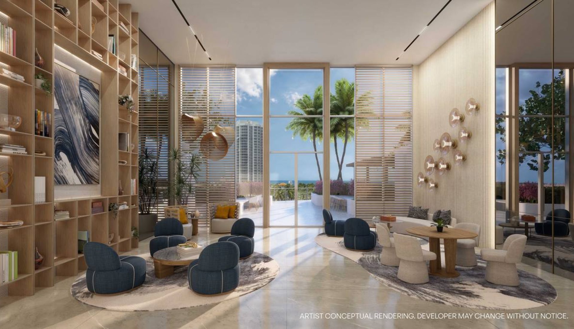 Contemporary living area with floor-to-ceiling bookshelves, blue pod chairs, round coffee tables, and glass doors to a sunny patio with palm trees.