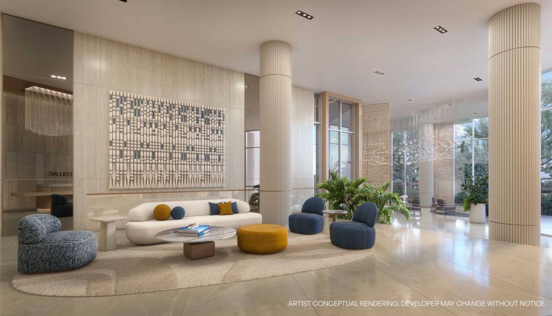 Modern hotel-style lobby lounge with a white curved sofa, blue chairs, and mustard ottomans around a glass coffee table on a light rug.