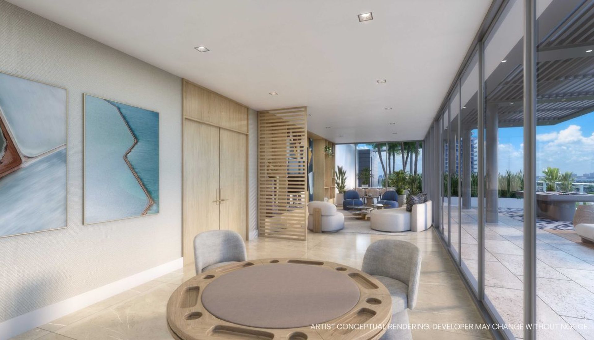 Interior rendering of a modern lounge with a round wooden table and gray upholstered chairs, glass walls, and a sunlit terrace beyond.
