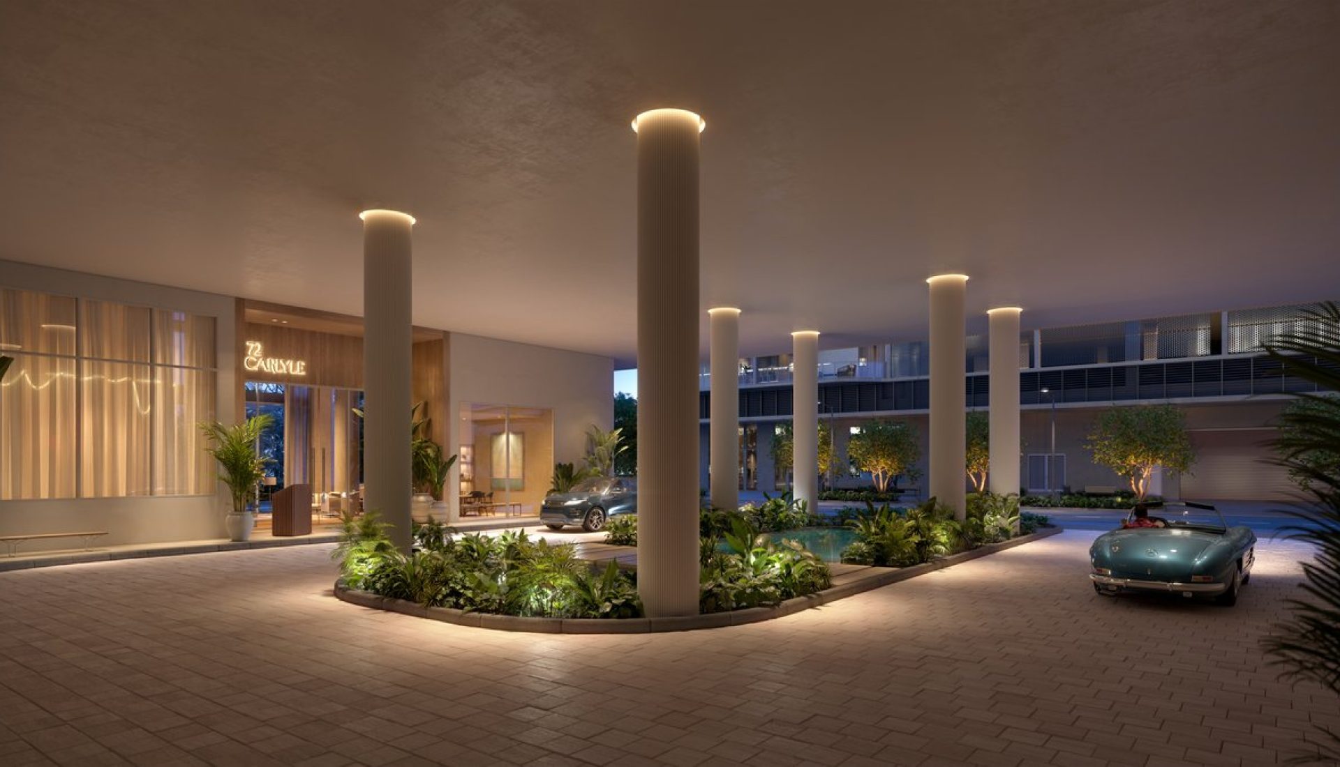 Upscale hotel porte-cochère at dusk with tall columns, landscaped median, and a teal convertible parked outside near a glass lobby.