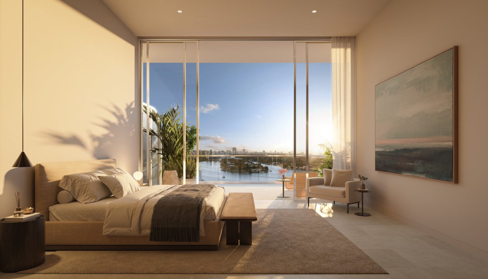 Sunset-lit modern bedroom with a king bed, neutral linens, and a panoramic window view of a harbor and city skyline.