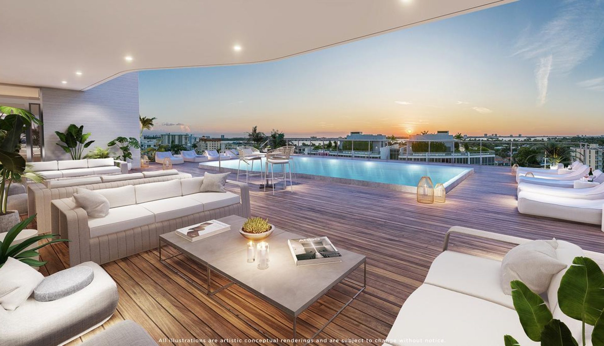 Luxurious rooftop terrace at sunset with an infinity pool, white outdoor seating, and potted plants on a wooden deck.