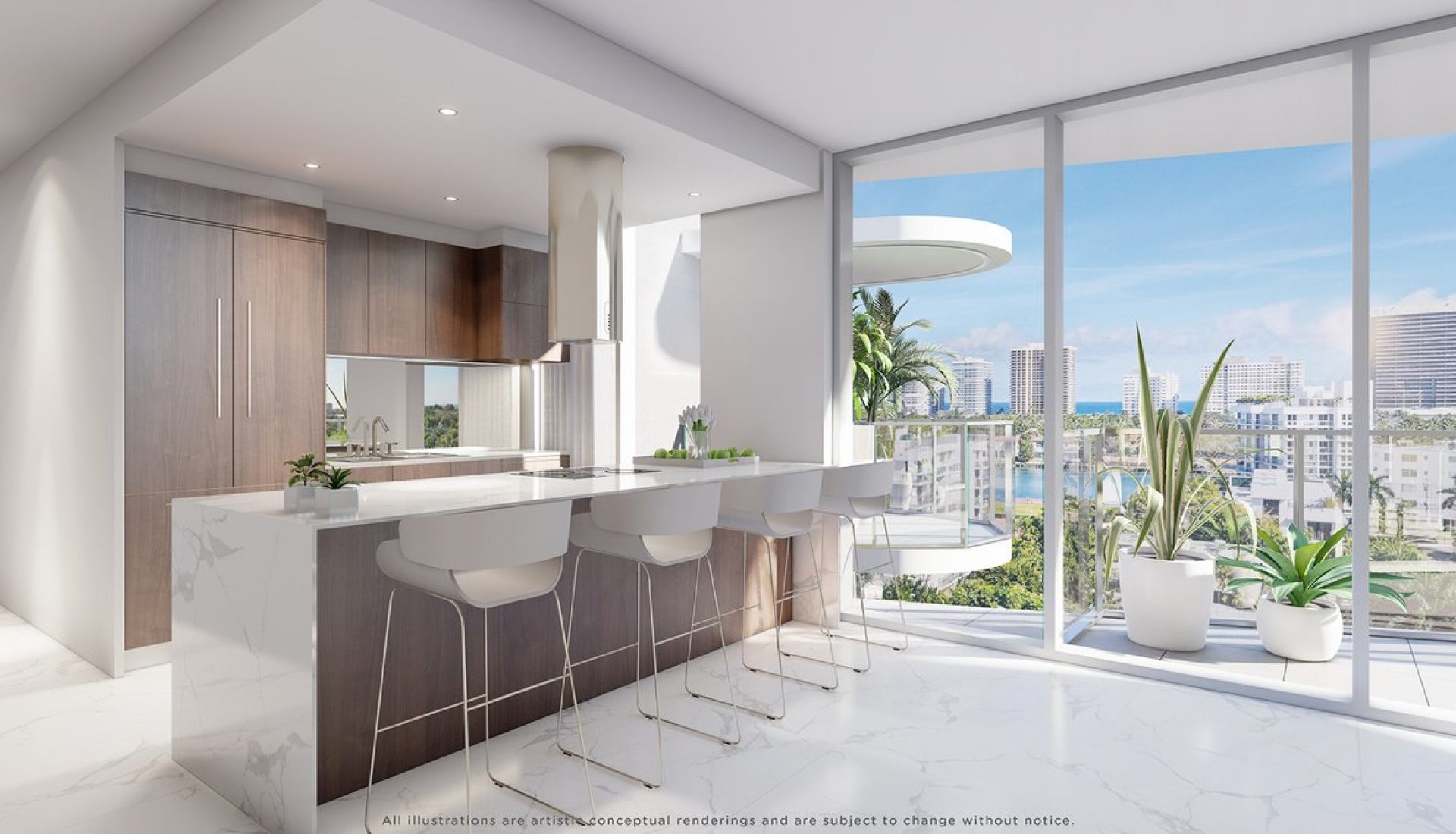 Bright modern kitchen with a marble island, four white bar stools, and floor-to-ceiling windows overlooking a cityscape near the coast.