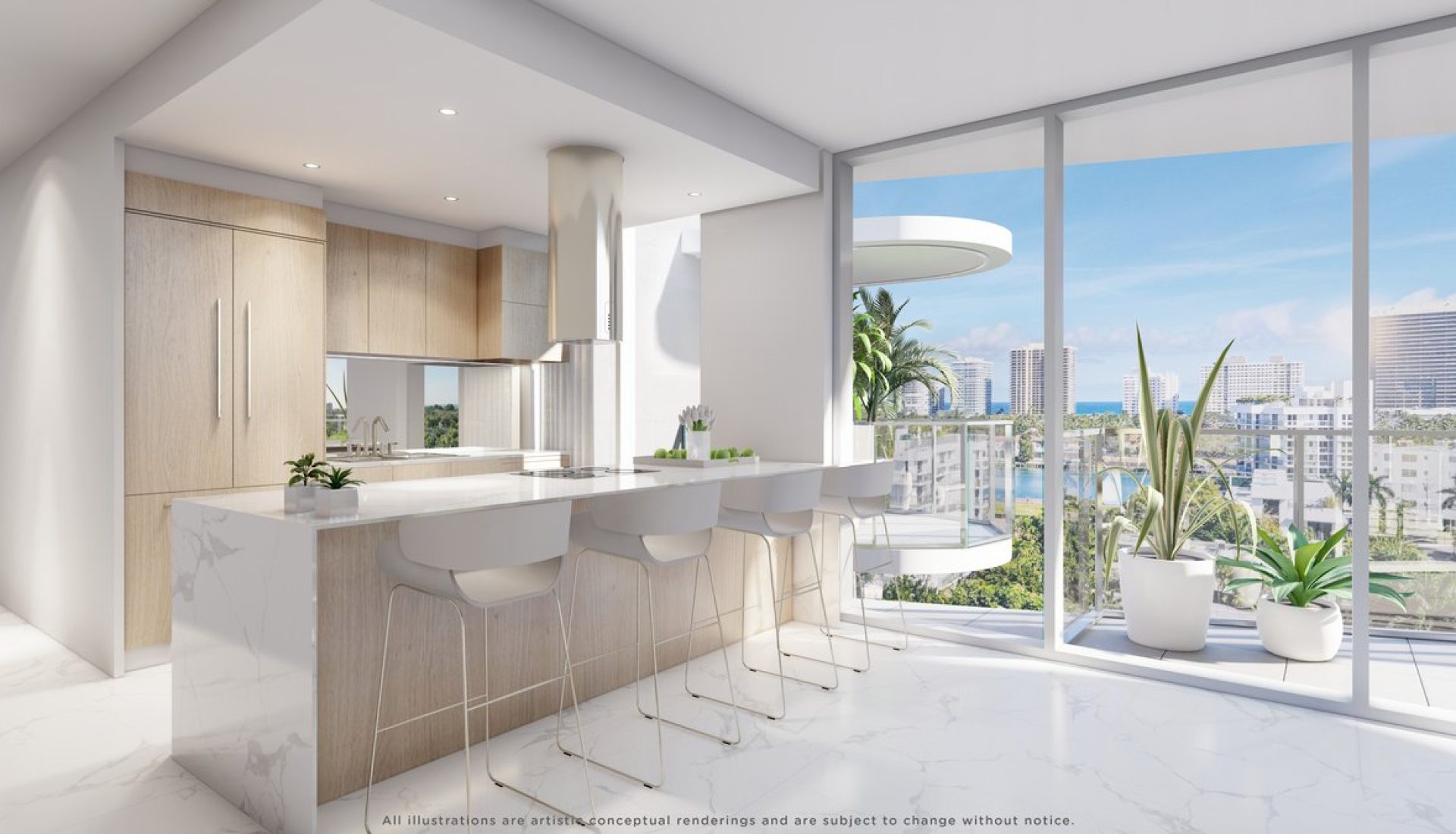 Bright, modern kitchen with a white marble island, light wood cabinets, and large glass walls overlooking a cityscape and balcony plants.