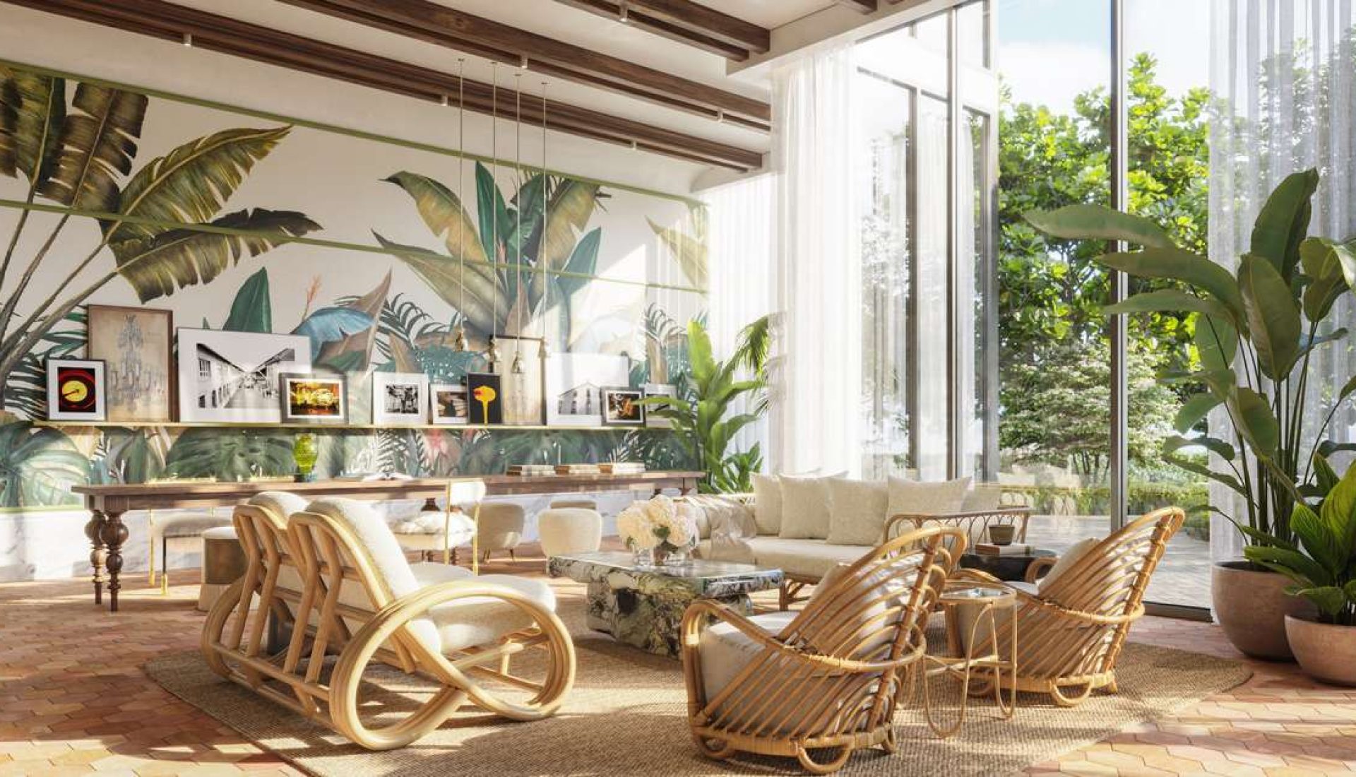 Bright tropical living room with large glass walls, green plants, and rattan seating.