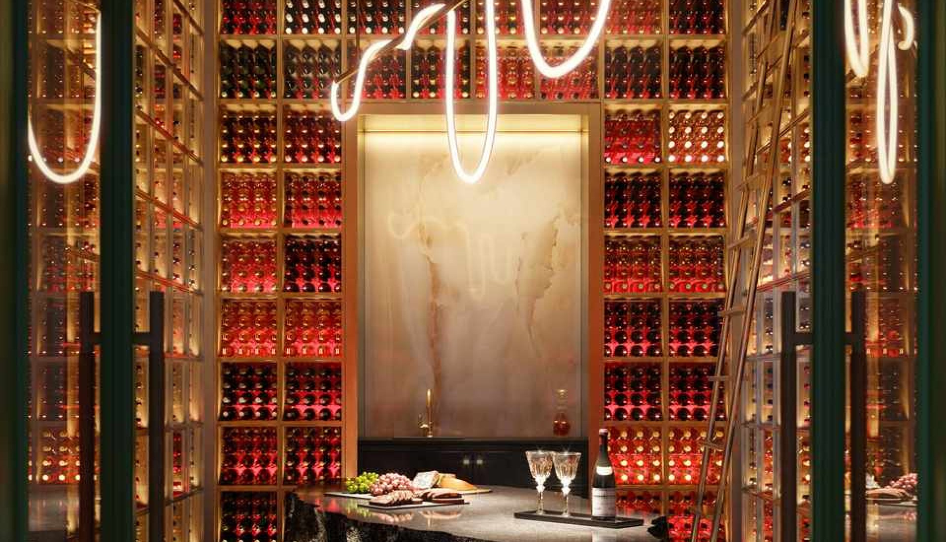 Luxurious wine cellar with wall-to-wall bottle racks, a stone tasting table, and sculptural neon light.