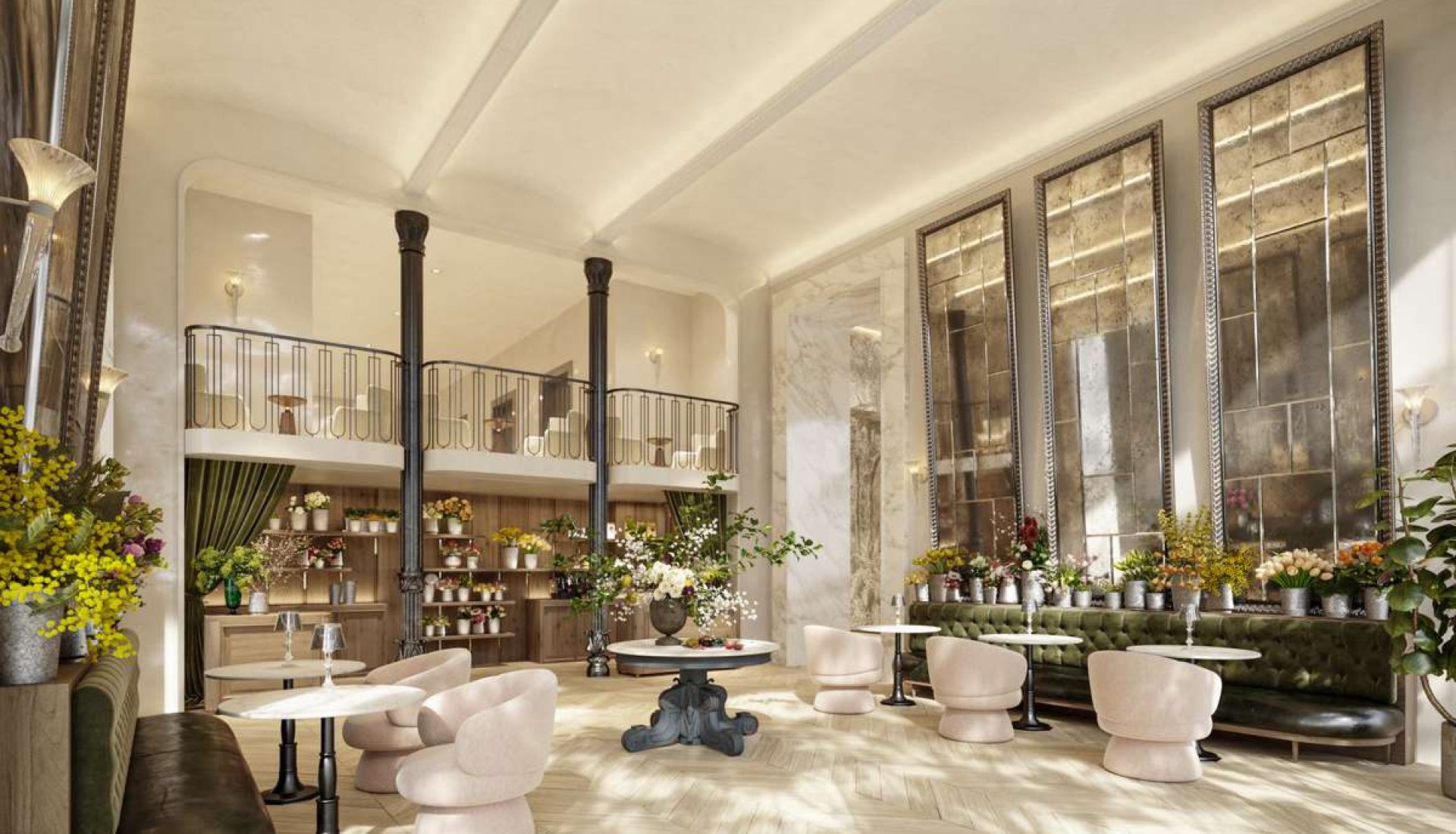 Luxurious lobby with pale pink rounded chairs, marble floors, and abundant flower arrangements along a green tufted banquette.