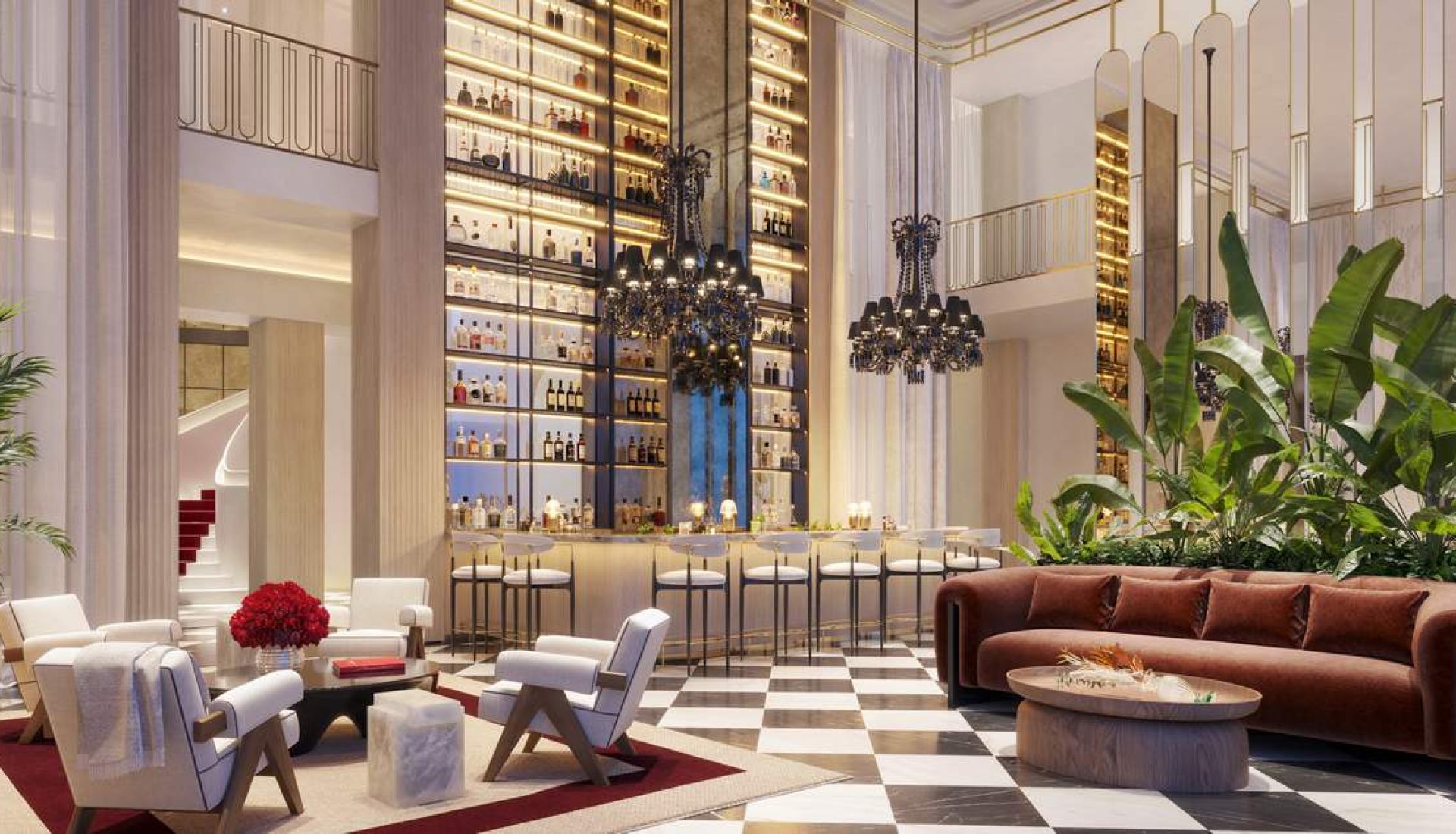 Luxurious hotel lobby with a backlit bottle-filled bar, black chandeliers, and a black-and-white checked floor.