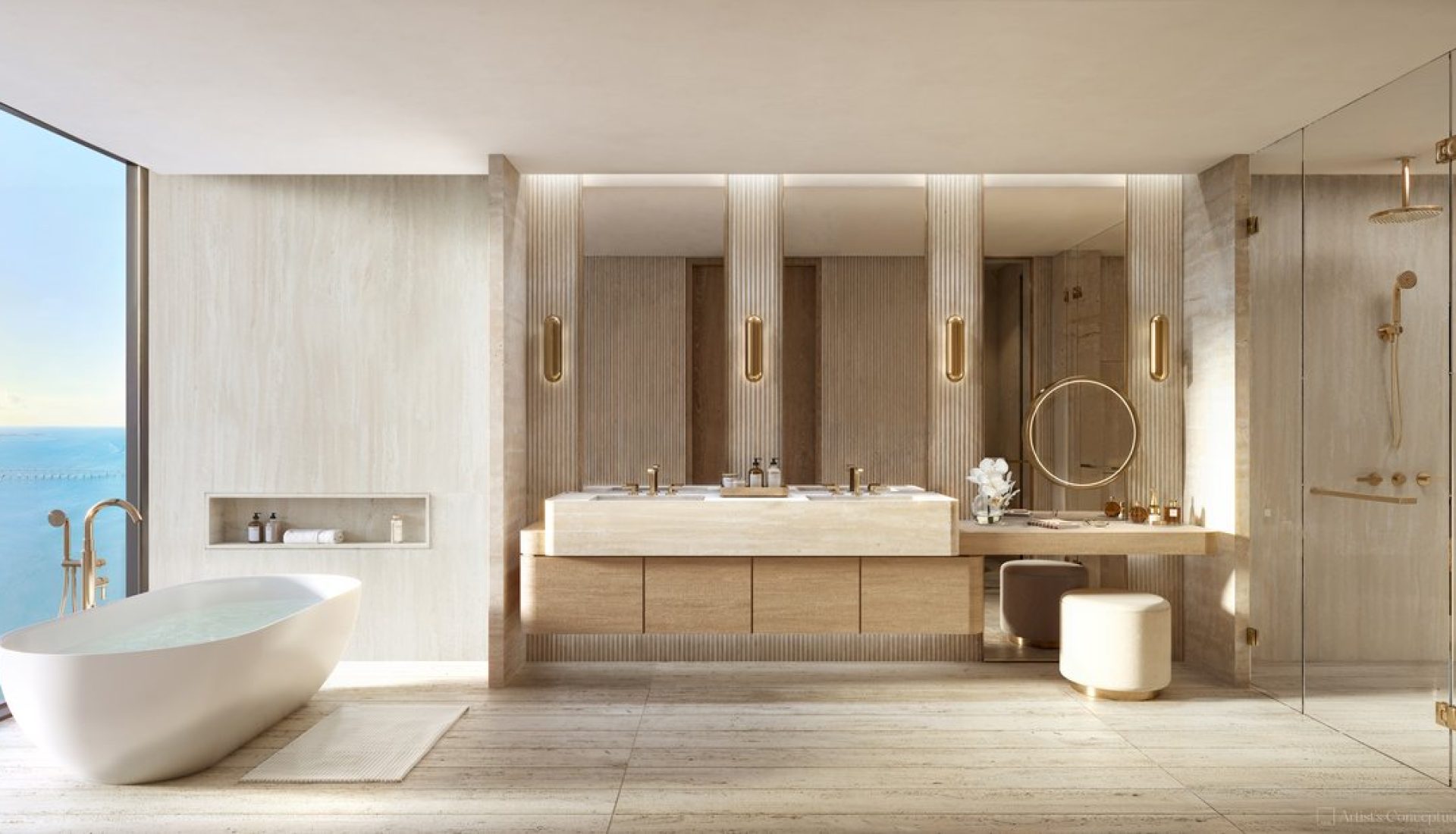 Luxurious bathroom with a freestanding tub by a large ocean-view window, and a double-sink vanity in warm beige marble.