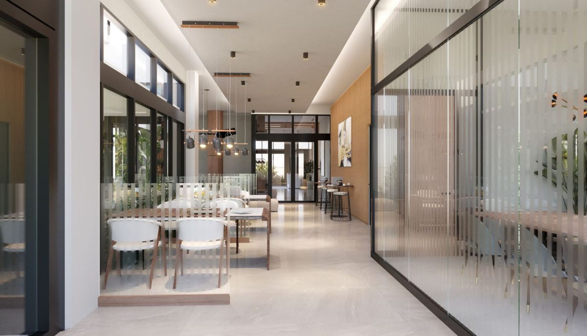 Bright modern lobby with glass walls, row of white chairs and tables along a marble floor
