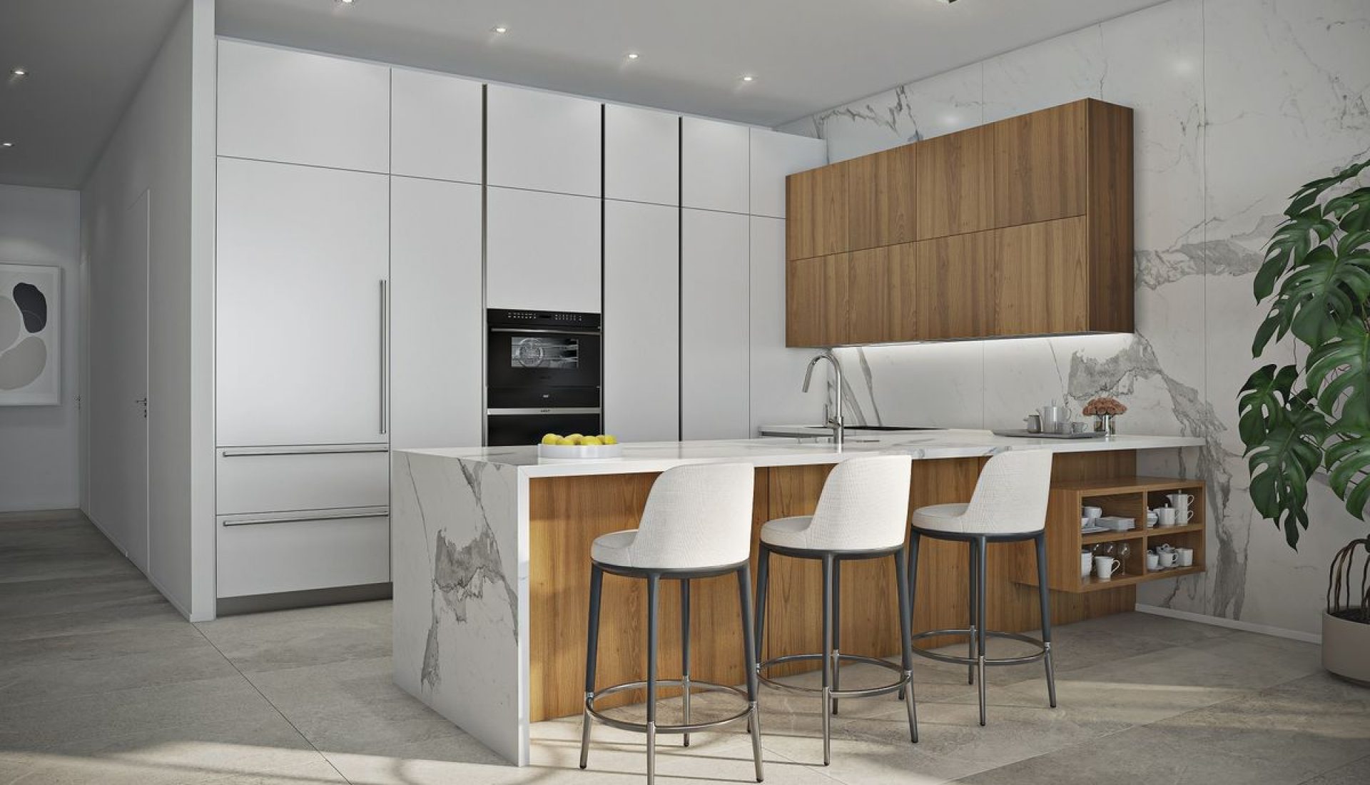 Modern kitchen with white cabinets, marble countertops, and a wooden island with four stools in front of a marble backsplash.