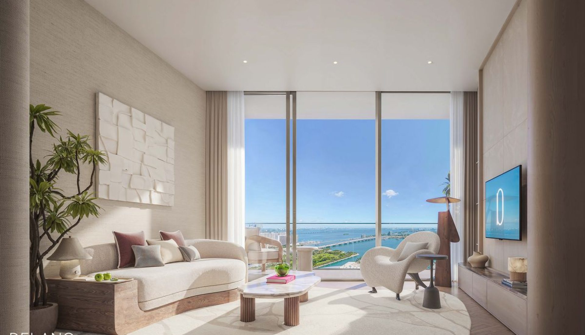 Concept rendering of a bright living room with a curved beige sofa, plants, and a marble coffee table, overlooking a blue ocean through floor-to-ceiling windows (Delano Miami).