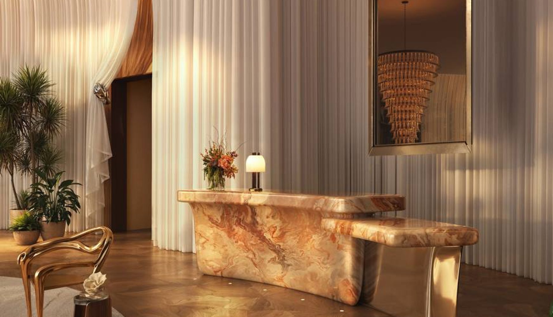 Luxurious hotel lobby with a curved marble reception desk, white draped walls, and warm lighting.