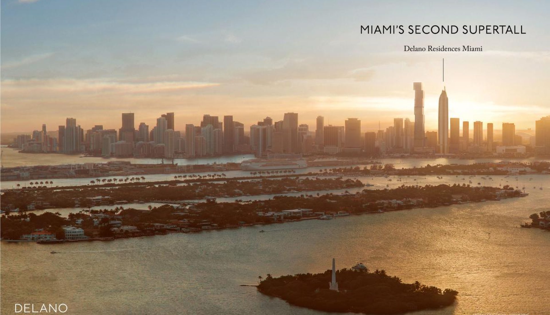 Sunset over Miami skyline with water and a small island in the foreground; ad for Delano Residences Miami and Miami's second supertall.