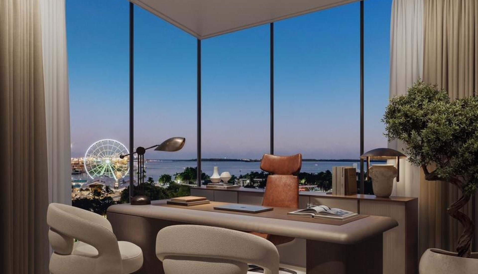 Conceptual rendering of a chic executive office with a curved desk, beige chairs, and floor-to-ceiling windows overlooking a nighttime city view.