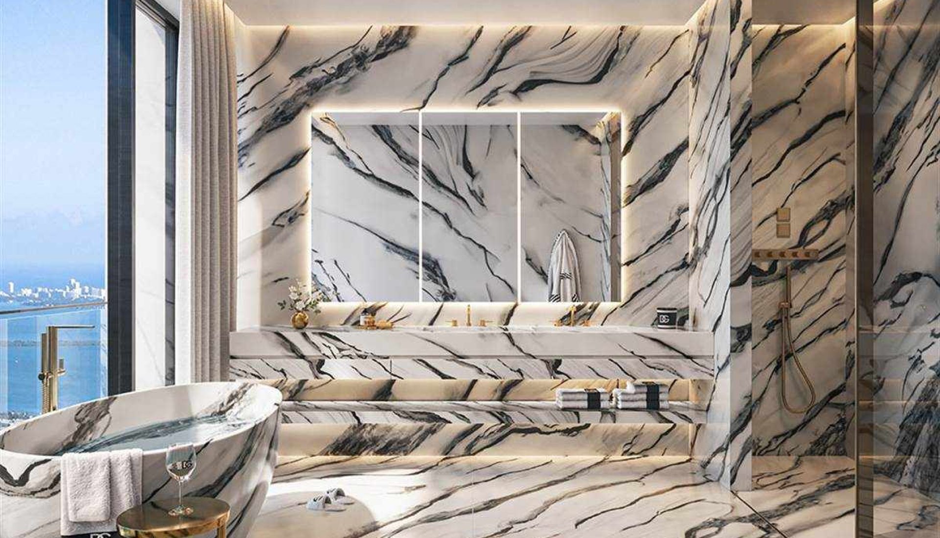 Luxurious marble bathroom with a freestanding tub by a large window overlooking a city skyline.
