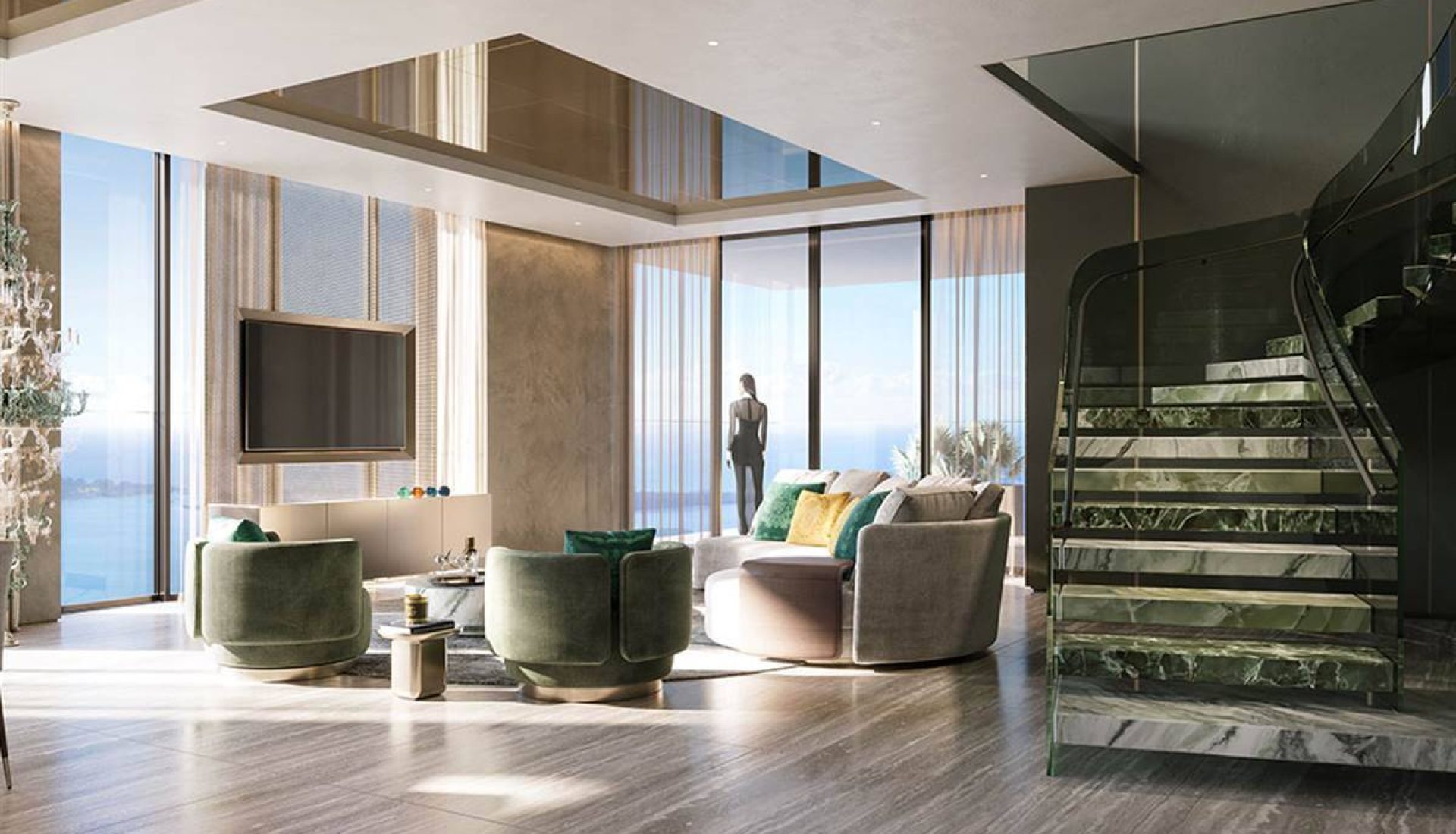 Luxurious modern living room with circular green sofas, wall TV, and marble staircase by large windows overlooking the sea.