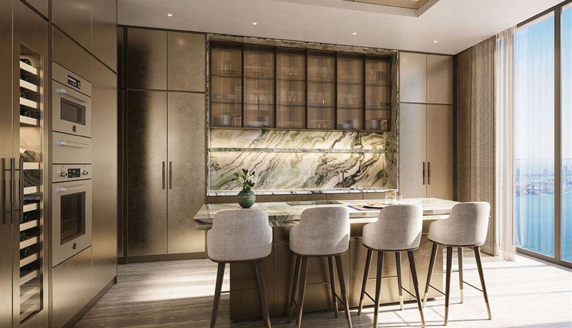 Modern kitchen with marble backsplash, brass cabinetry, and a marble island with five beige bar stools.