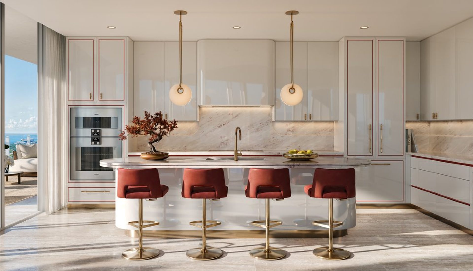 Bright modern kitchen with a curved white island, gold stools, marble backsplash, and four red bar stools facing the room.