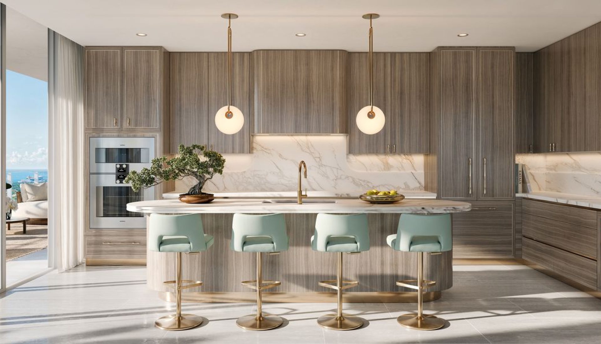 Modern kitchen with a marble island, teal bar stools, and wood-toned cabinets with an ocean-view patio door