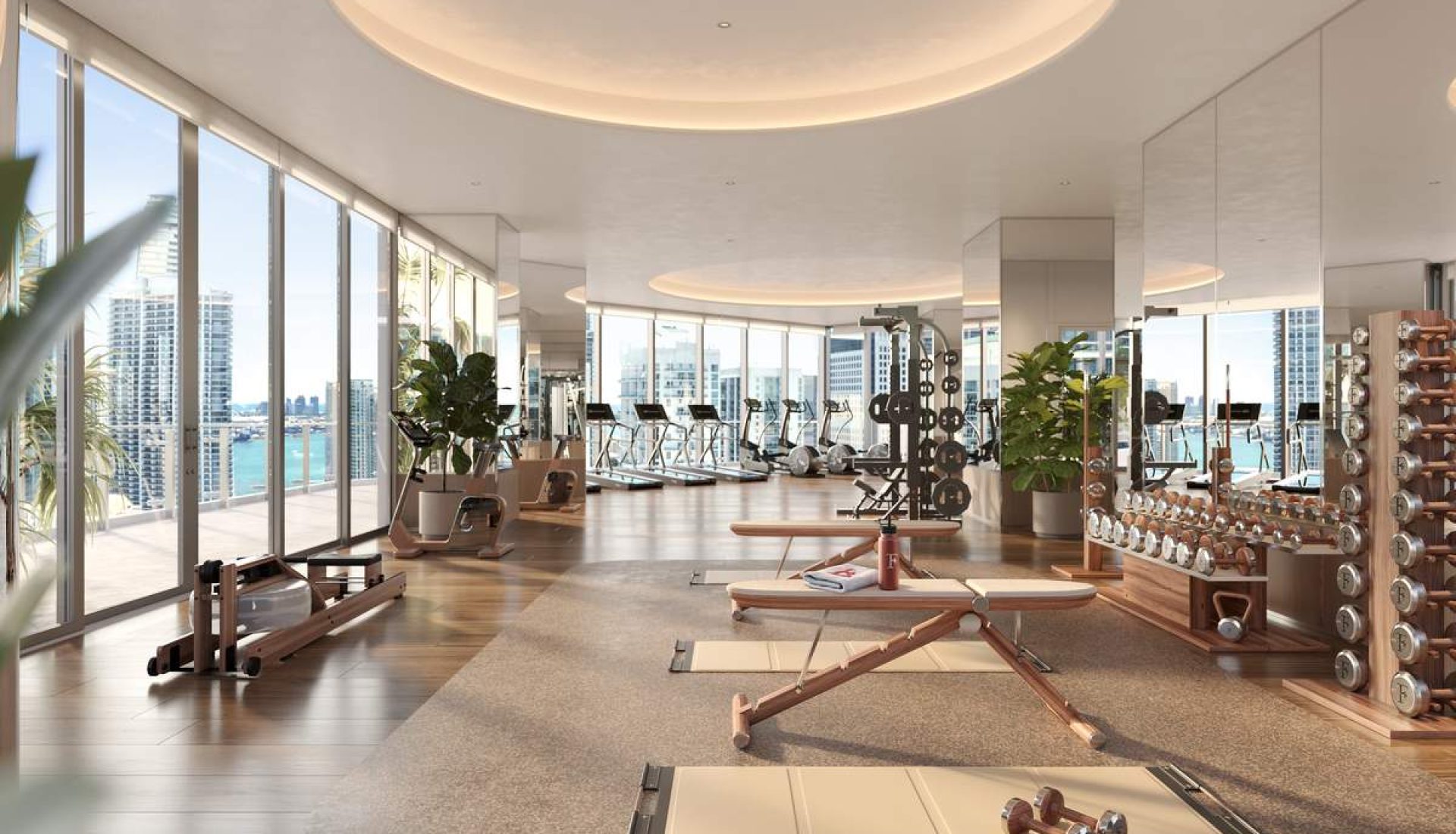 Bright modern gym with cardio machines along large windows and a weight rack overlooking the city and water.