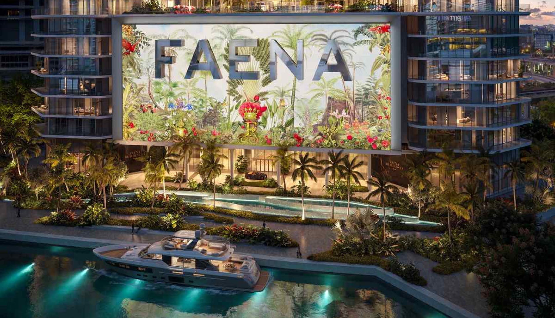 Hotel complex facade with a giant tropical mural reading 'FAENA' and palm trees, balconies, and warm evening lights. A yacht is docked in the water nearby.