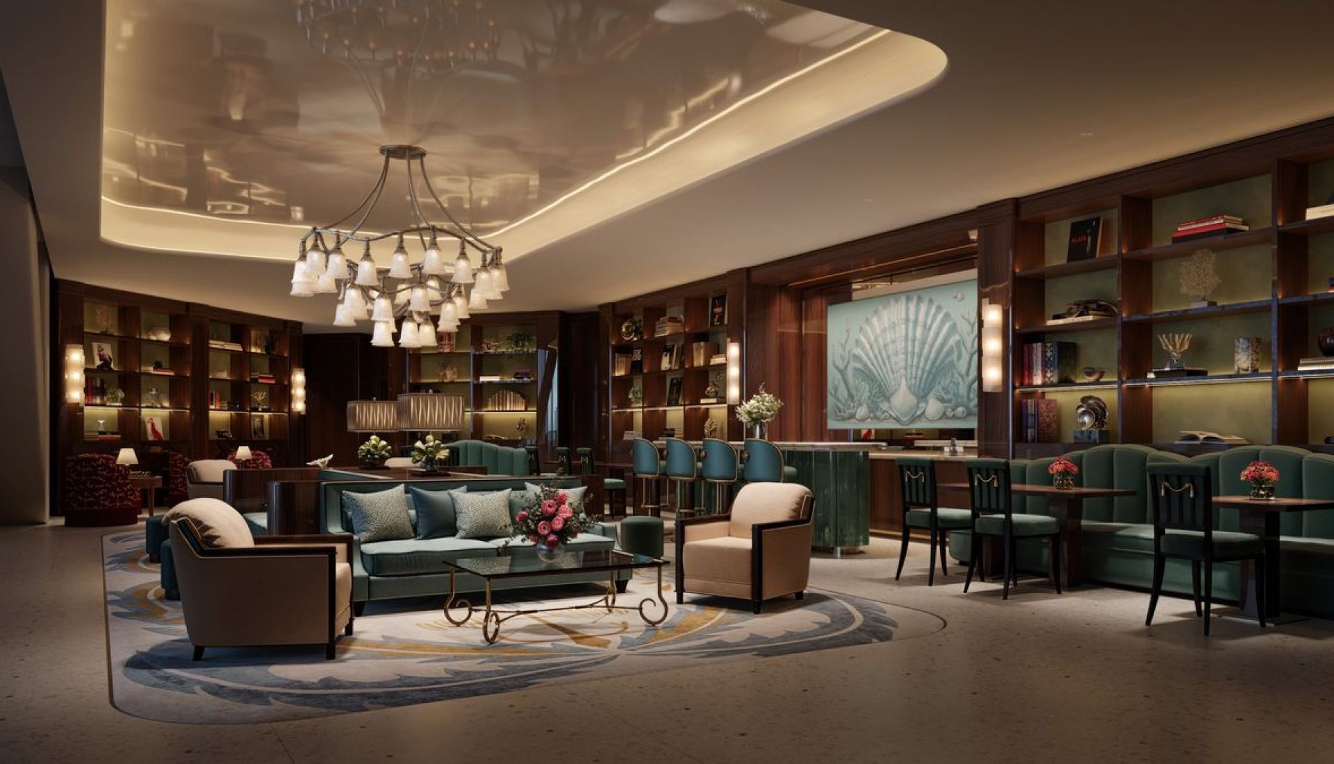 Luxurious hotel lounge with teal sofas, cream armchairs, and a central glass coffee table under a chandelier.