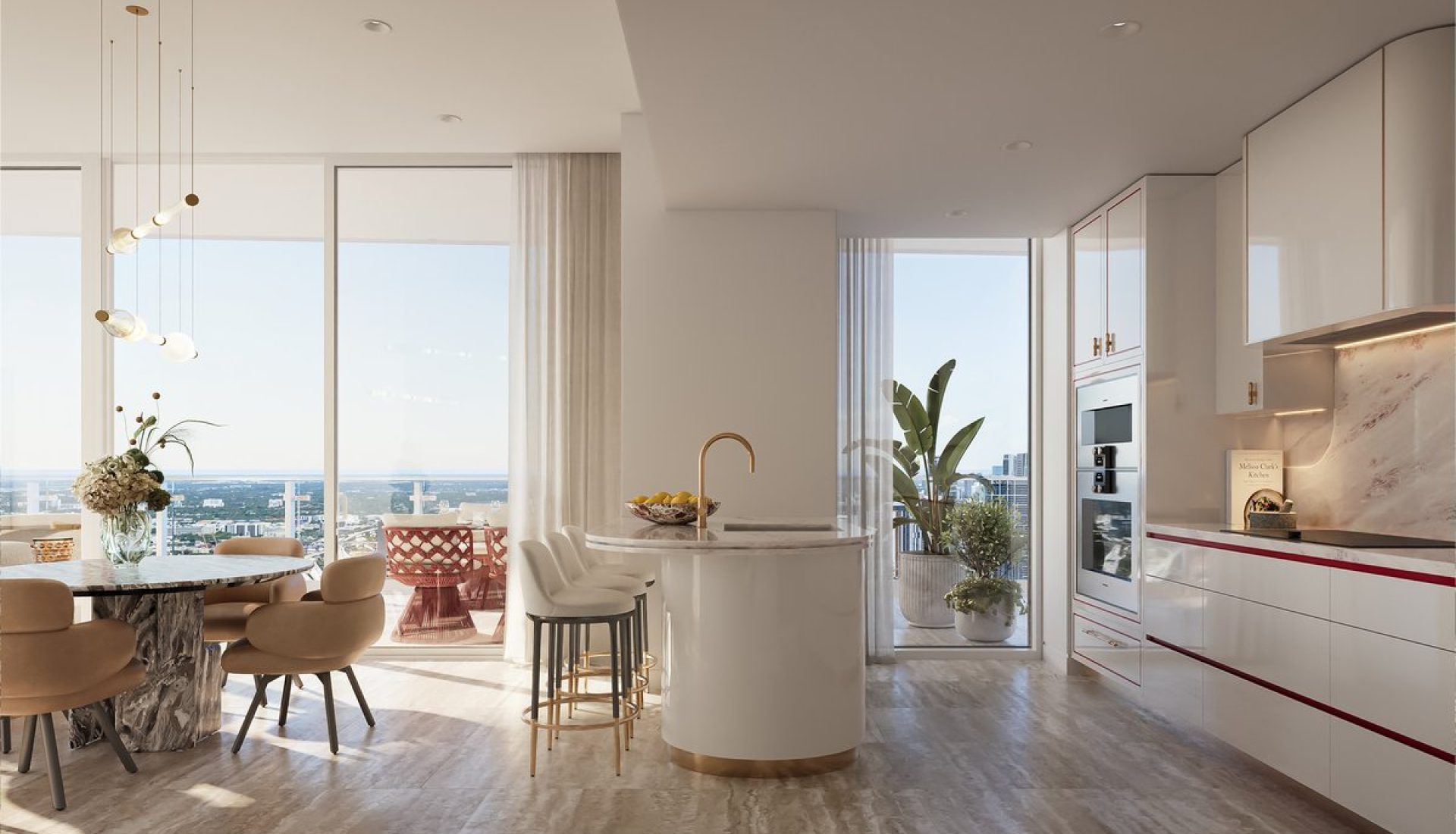 Bright modern kitchen with white cabinetry, marble island, and dining area by floor-to-ceiling windows overlooking a cityscape.