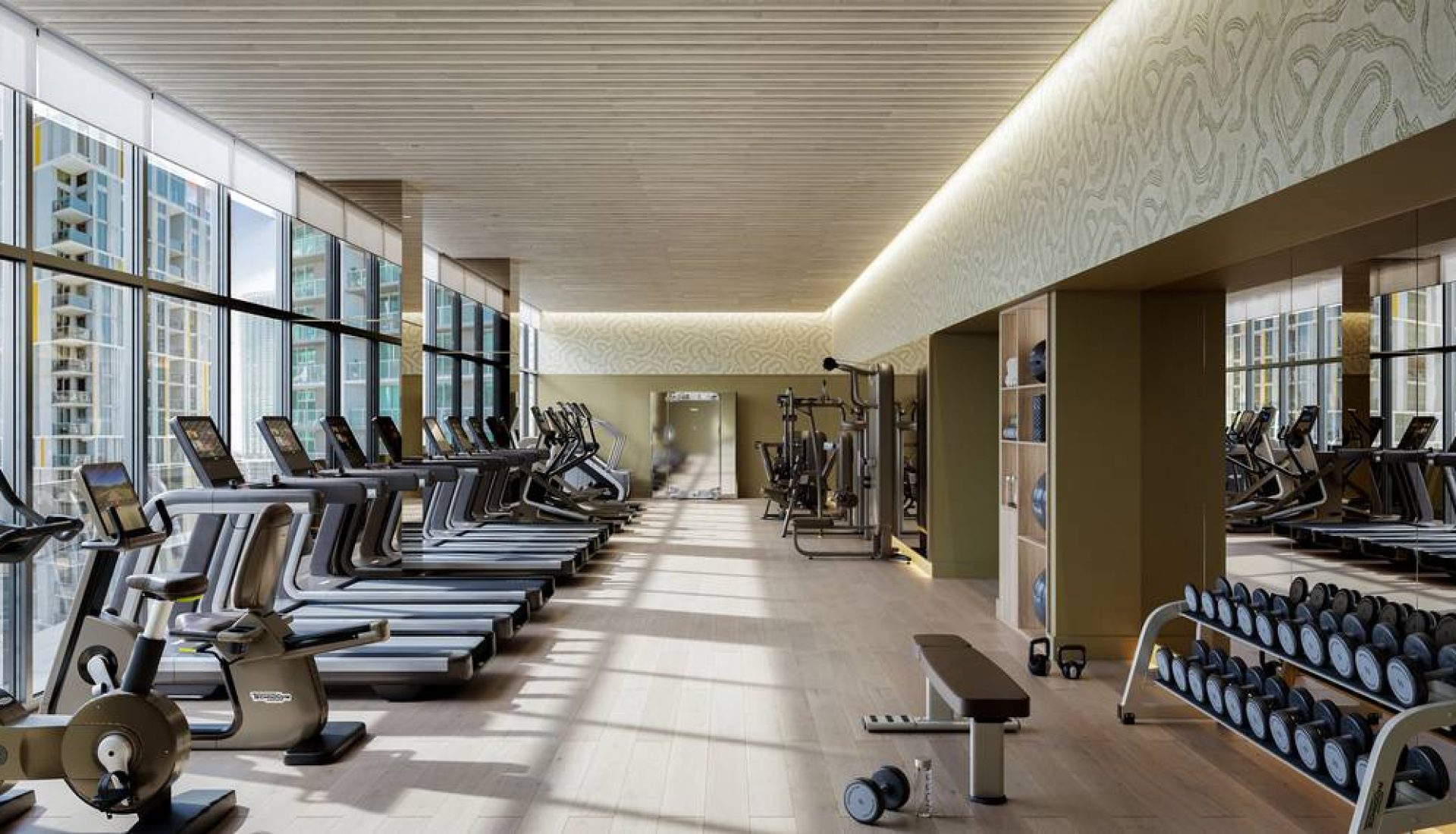 Bright gym with a row of treadmills by large windows overlooking the city, plus bikes and weight area to the right.