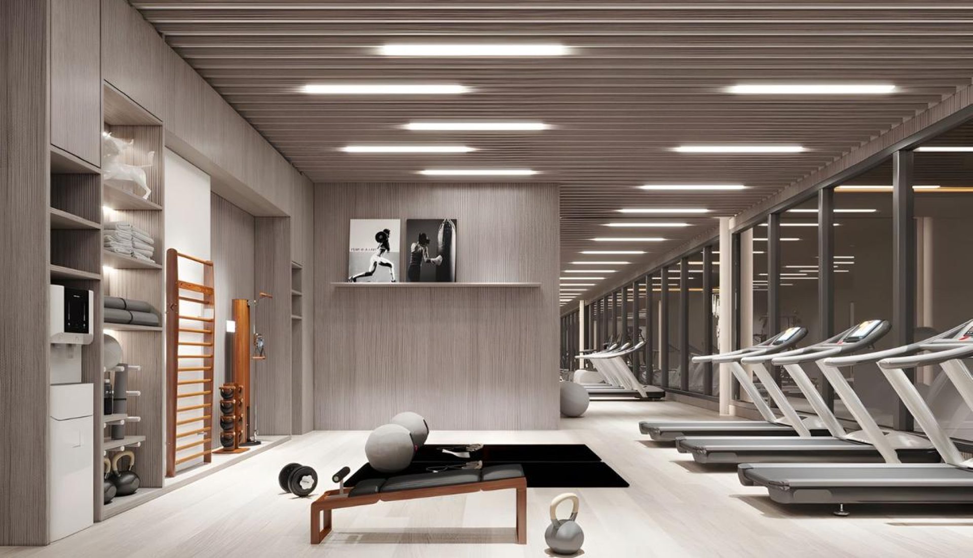 Modern gym with wooden walls and ceiling, treadmills along the glass wall, and a foreground workout bench with kettlebells and balls on the floor.