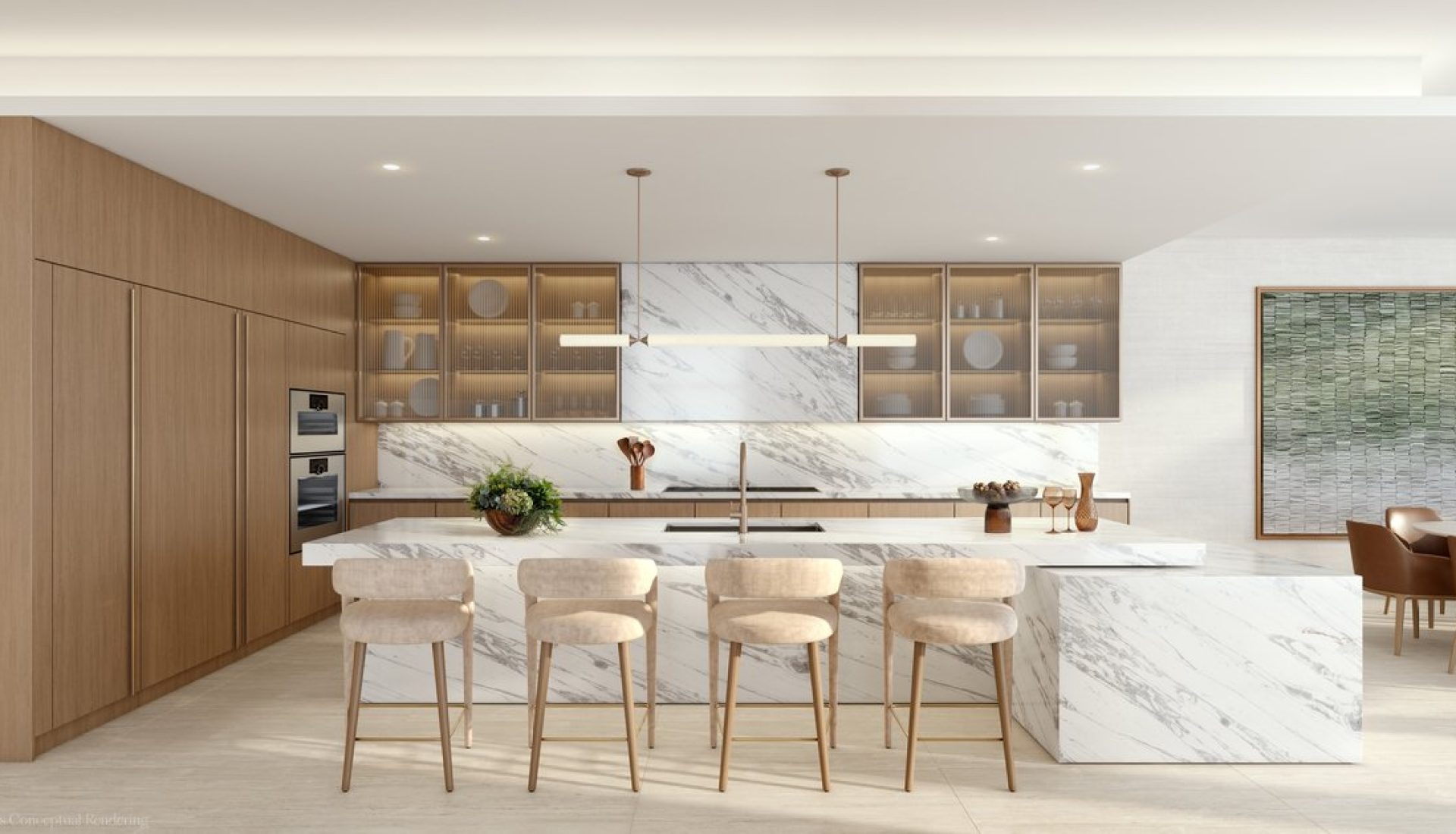 Luxurious modern kitchen with a marble island, warm wood cabinets, and beige bar stools along the counter