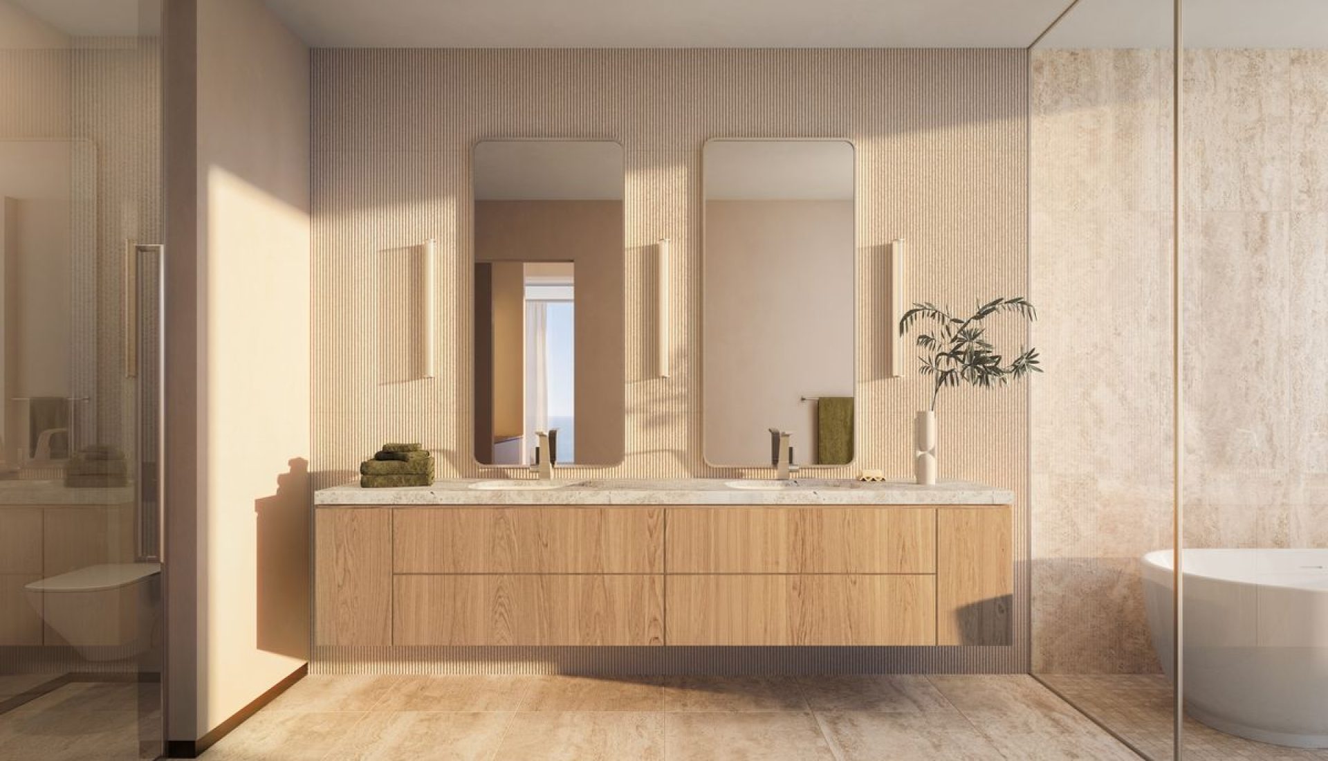 Modern bathroom with a wide wooden double vanity, two sinks and tall rectangular mirrors, beige tiled walls, and a tub visible on the right.