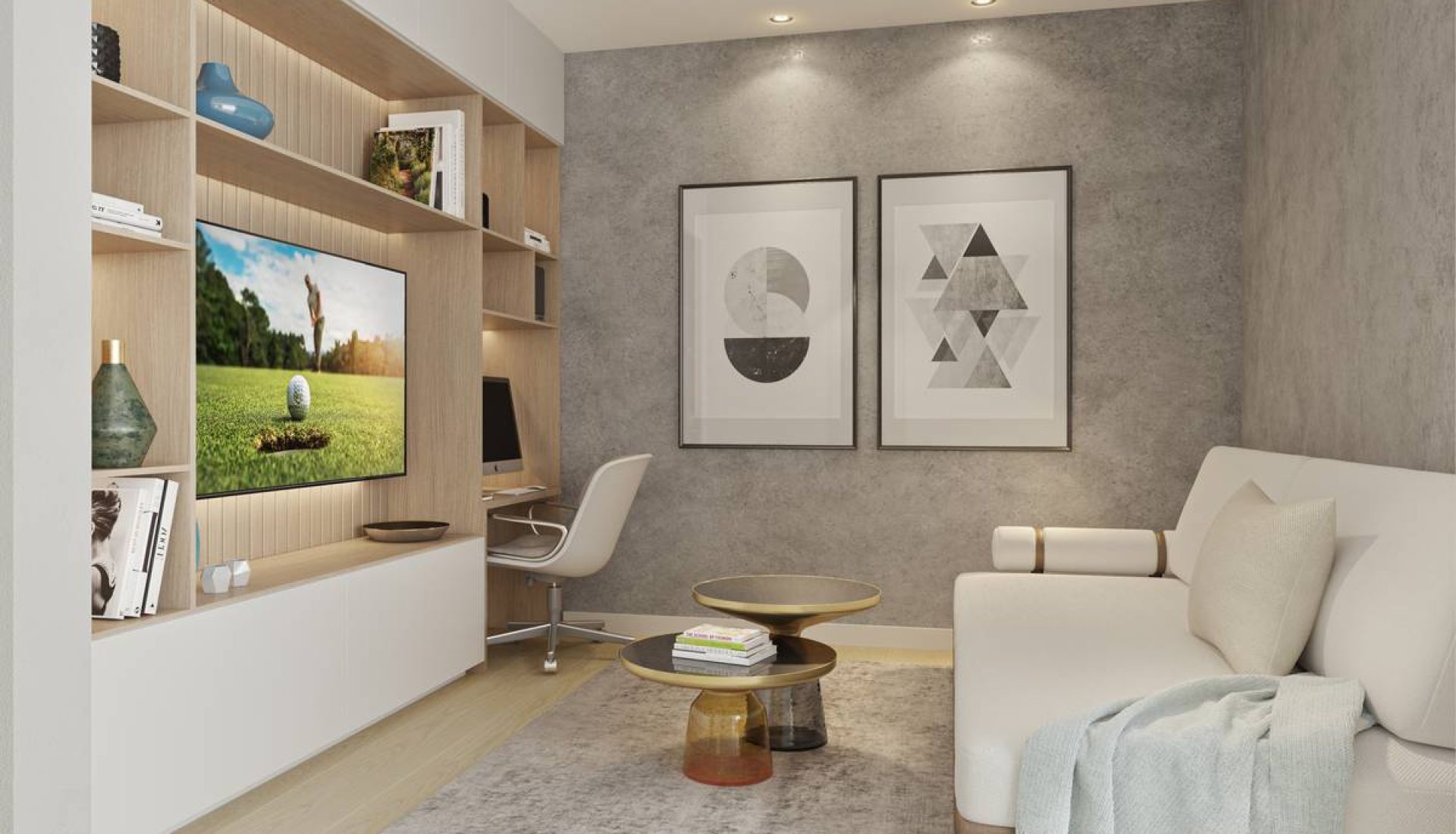 Modern living room with wood shelves, TV, a white desk, gray textured wall, two framed geometric prints, and a white sofa.