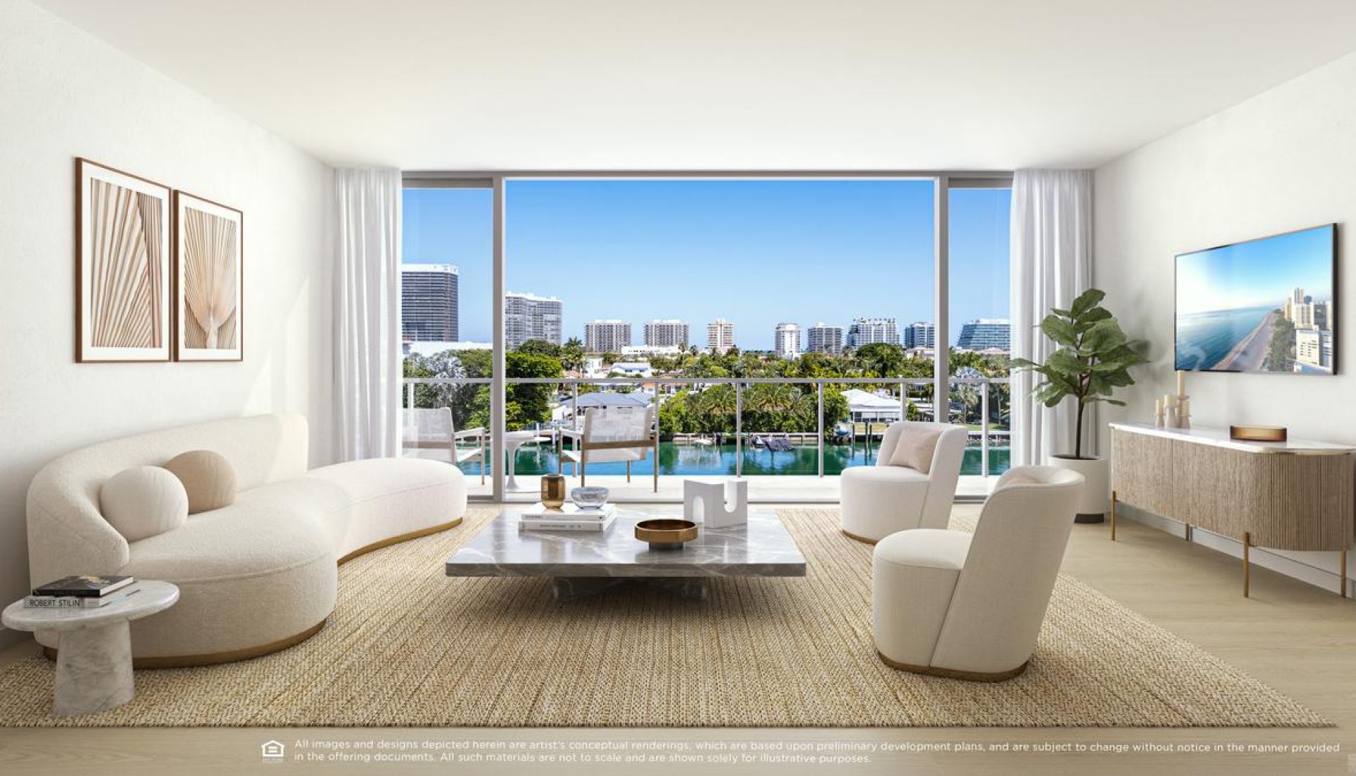 Bright modern living room with white curved sofa, marble coffee table, and a large glass door balcony overlooking water and city buildings.