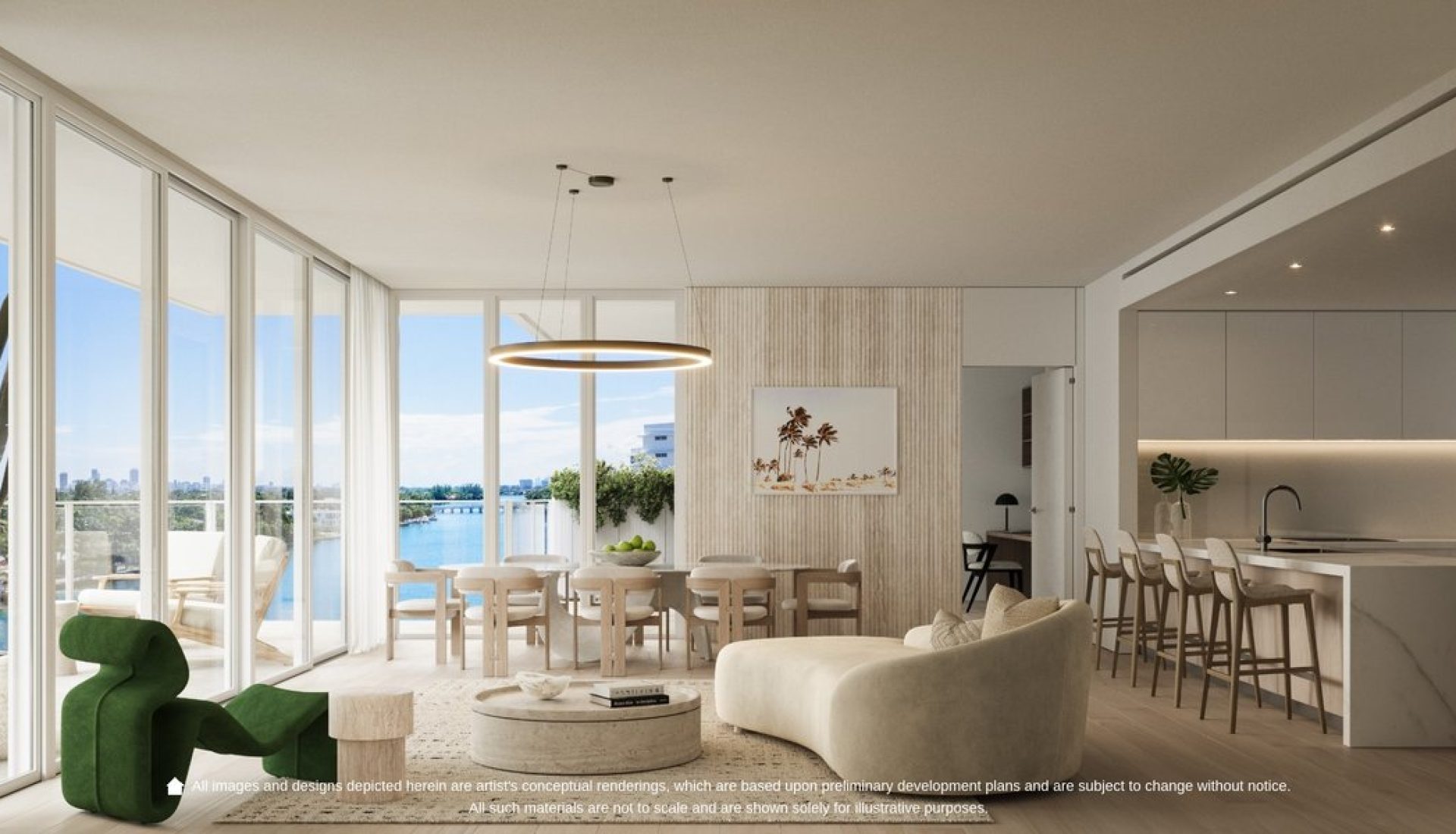 Open-plan living/dining area with a circular pendant light, cream sofa, and a view of water and city through floor-to-ceiling windows.