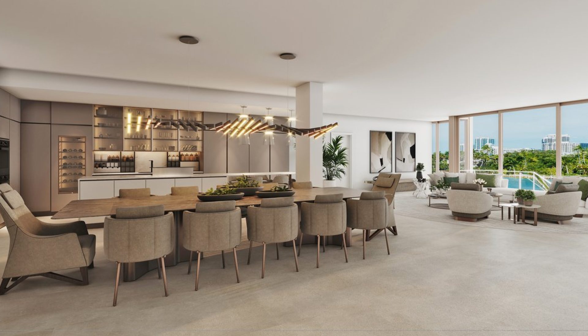 Open-plan kitchen and living area with a long dining table, beige chairs, and floor-to-ceiling windows showing a pool and city skyline.