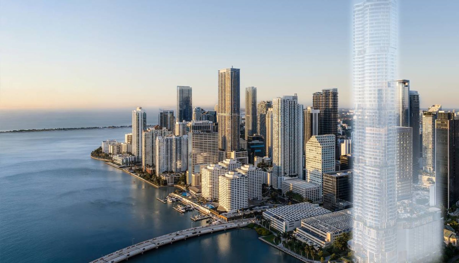 Urban waterfront skyline at sunset with a translucent holographic skyscraper on the right.