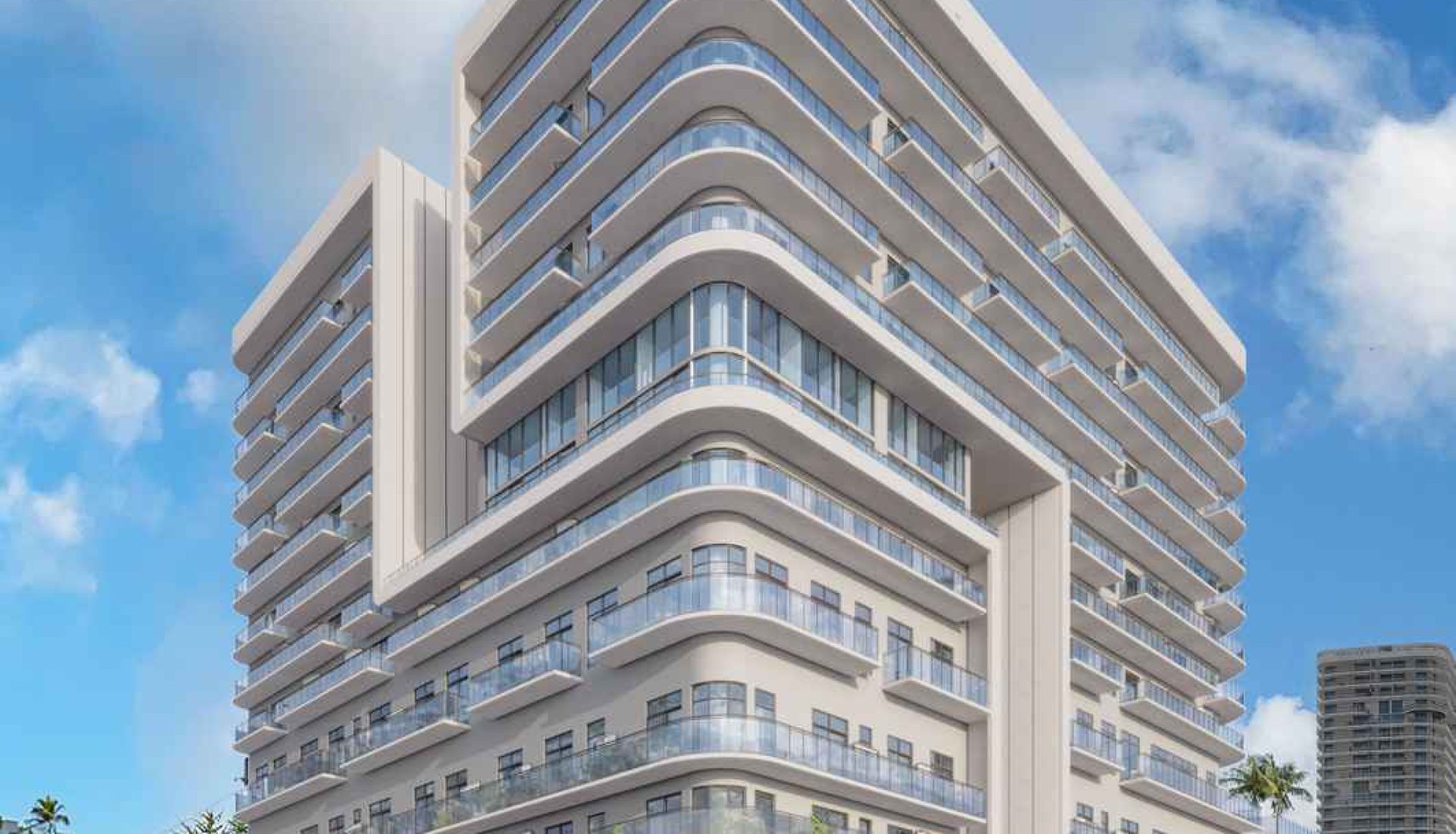 Conceptual rendering of a curved modern high-rise with glass balconies and palm-lined street.