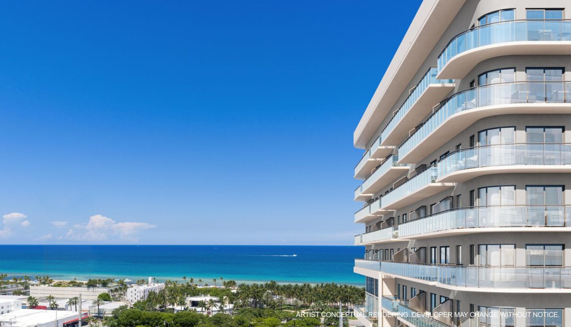 Modern glass-fronted apartment building with stacked balconies overlooking a tropical beach and blue sea, on a bright day.