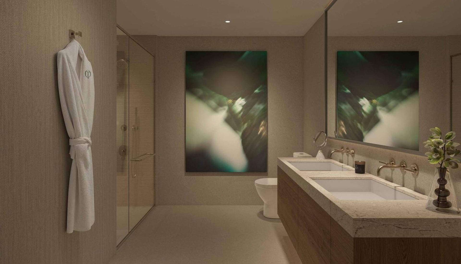 Modern spa-like bathroom with a double-sink vanity, marble countertop, and wood cabinetry, a glass-enclosed shower, beige textured walls, and abstract green artwork. A white robe hangs on the wall.